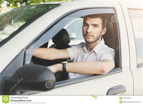 Portrait Of Handsome Guy Driving His Car Stock Image Image Of License