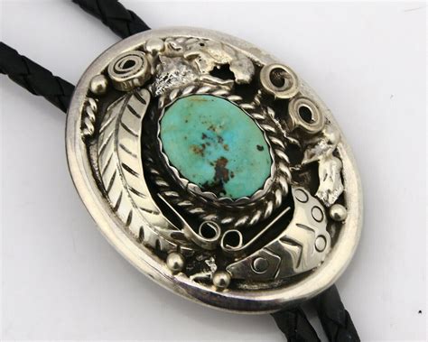 Navajo Bolo Tie Solid Silver Turquoise Mtn Native Artist Etsy