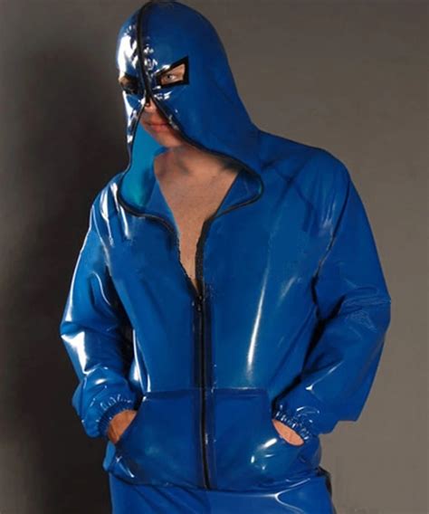 men s blue latex jacket with hat fetish long sleeves rubber coat with front zipper plus size hot