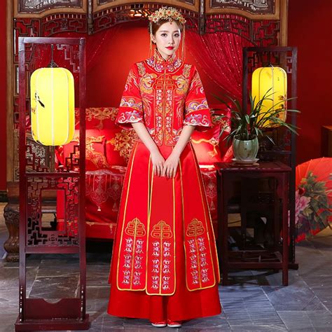 Ancient Women Red Marriage Suit Half Sleeve Slim Cheongsam Vestidos