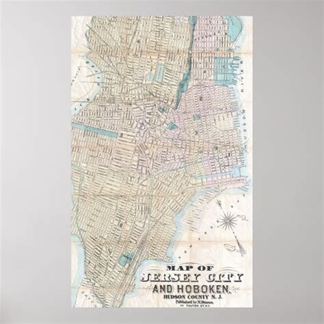 Vintage Map Of Jersey City And Hoboken 1886 Poster
