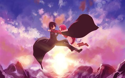 Anime Mädchen Und Junge Flug Im Himmel Sonnenuntergang 2880x1800 Hd