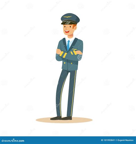 Smiling Airline Pilot Character In Blue Uniform Standing Folded Hands