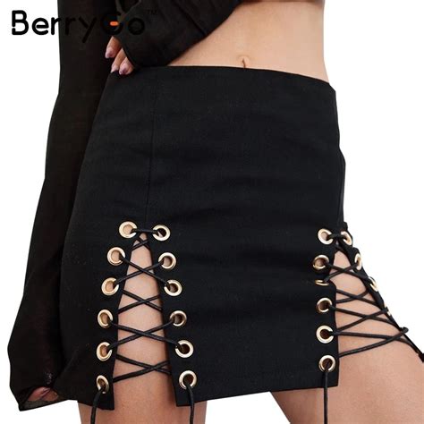Berrygo Sexy Lace Up Hollow Out Pencil Skirt Elegant Split Slim Bodycon Short Skirt Autumn