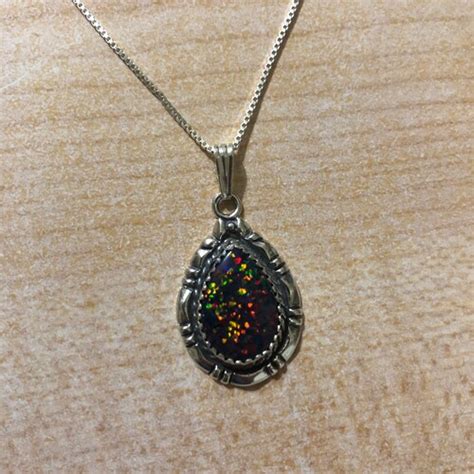 Black Fire Opal Pendant Necklace Sterling Silver Red Opal Etsy