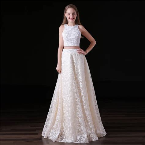 White Wholesale Prom Dresses 2018 Two Piece Lace Beads Party Dress