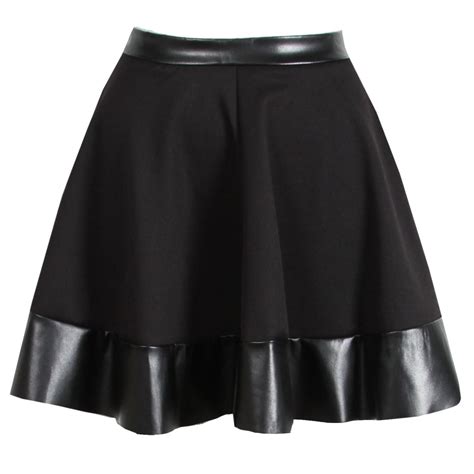 new womens black pu leather trim skater skirt mini party high waisted box high waisted circle