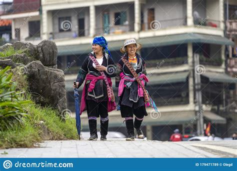 Two Ethnic Hmong Woman In Traditional Dress On The Street In Mountain ...