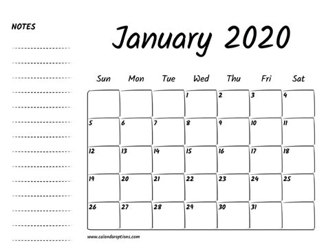 January 2020 Printable Calendar Calendar Options