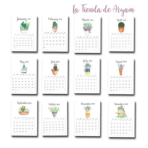 Wall Calendar 2021 Calendar Printable Monthly Cactus And Etsy