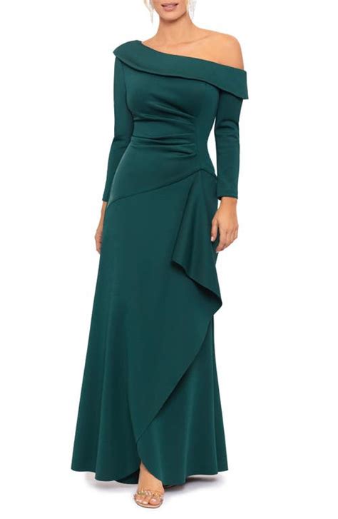Xscape One Shoulder Long Sleeve Scuba Crepe Gown Midnight Editorialist