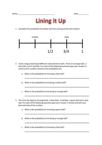 What is the probability that the card will be a red ace? Probability line worksheet | Teaching Resources