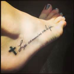 The staff is here to provide a custom and freehand tattooing design for you & you alone. New Foot Tattoo! Latin for She walks with Faith. Second Tattoo Foot Cross Black ink quote | My ...