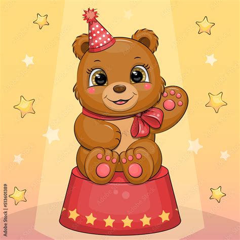 Cute Cartoon Brown Bear With Bow And Hat In The Circus Vector