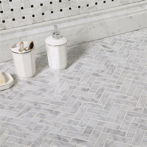 1 X 3 Herringbone White Bianco Carrara Marble Mosaic Tile丨diflart