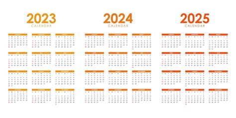 2023 年、2024 年、2025 年の年間カレンダー テンプレート デザインのセット プレミアムベクター
