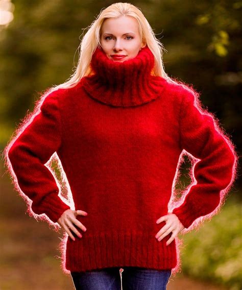 Red Fuzzy Handmade Mohair Sweater By Supertanya M L Size Etsy Ladies Turtleneck Sweaters