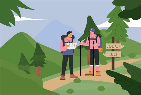 Two Hikers Are Hiking While Looking At A Map Hiking Trail Background