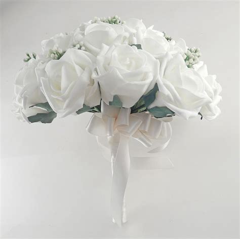 white artificial rose and gypsophila bridal wedding bouquet budget wedding flowers