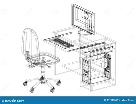 Office Desk With Computer Architect Blueprint Isolated Stock