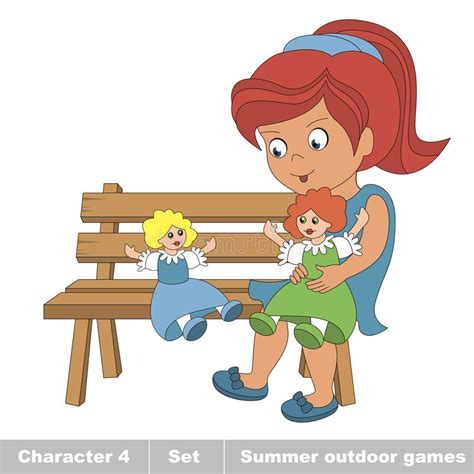 One Young Red Hair Girl In Blue Dress Play With Her Toy Doll On Stock
