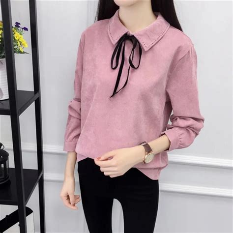 Autumn Spring Bow Long Sleeve Women Shirt Corduroy Plus Thick Solid Color Blouses For Women