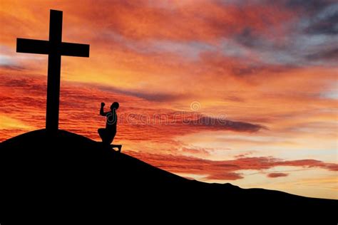 Silhouette Of A Man Praying Under The Cross Stock Image Image Of