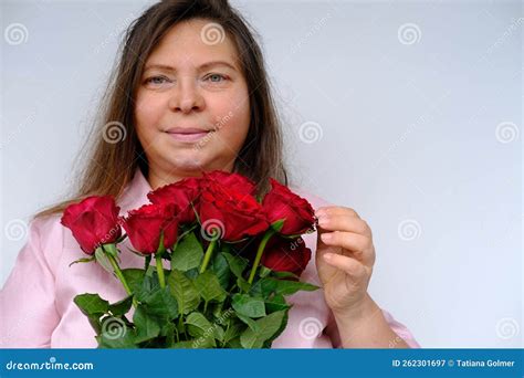 Bouquet Of Flowers Red Roses In Hands Of Happy Funky Mature Woman 50