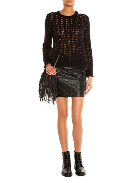Lyst Saint Laurent Cracked Leather Effect Mini Skirt In Black