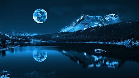 Blue Night Forest Trees Water Cold Moon Mountain Lake