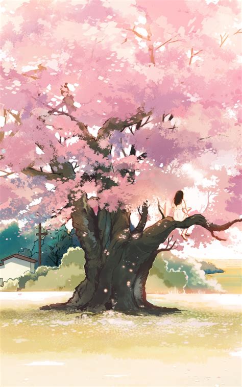 Download 1600x2560 Anime Landscape Girl Cherry Blossom Pink Leaves