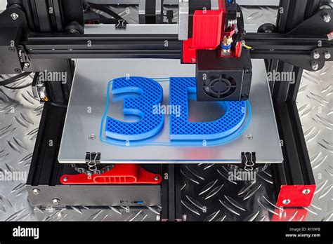 Red Black 3d Printer Printing Blue Logo Symbol On Metal Diamond Plate
