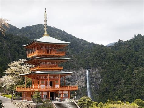 Pagoda Of Seiganto Ji Temple With Nachi Falls In The Background