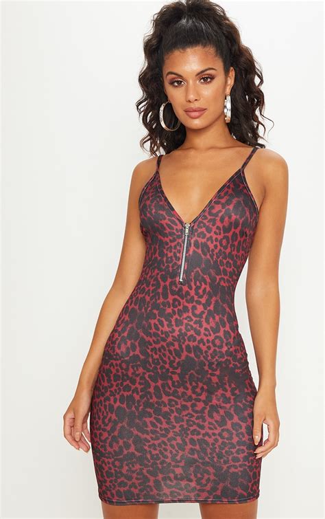 Red Leopard Zip Detail Bodycon Dress Prettylittlething Ca