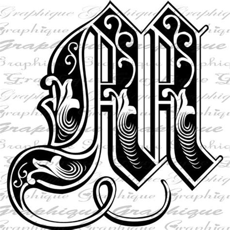 Letter Initial M Monogram Old Engraving Style Type By Graphique