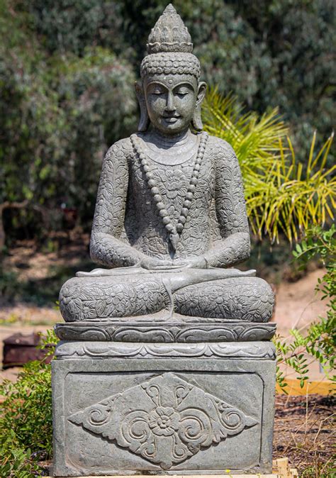 Sold Large Stone Meditating Garden Buddha Sculpture Wearing Floral
