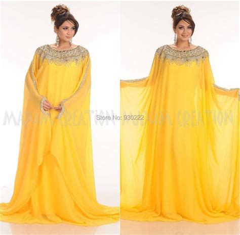 Fashion Yellow Fancy Kaftan Dubai Abaya Evening Dresses Farasha