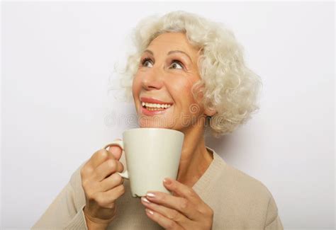 Old Excited Lady Smiling Laughing Holding Cup Drinking Coffee Tea