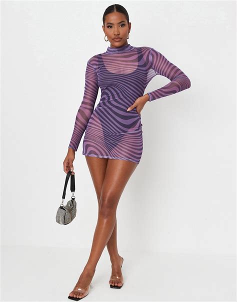 Missguided X Carli Bybel Mesh High Neck Mini Dress With Long Sleeve In Purple Swirl Print Modesens