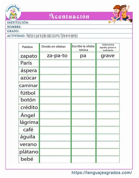 Acentuación clasificación de palabras para niños con ejercicios