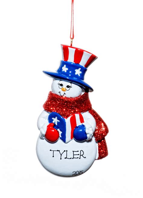 Patriotic Snowman Christmas Holiday Ornament Free Name Personalized