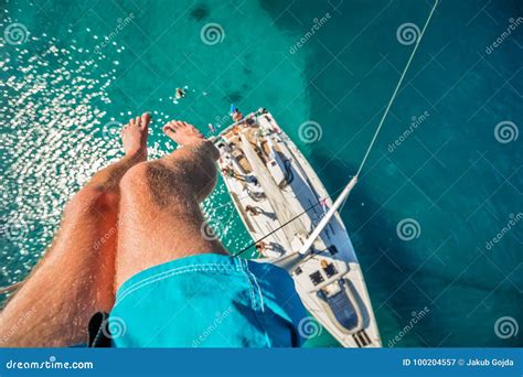View From High Angle Of Sailing Boat Aerial Photography Of Ship Stock