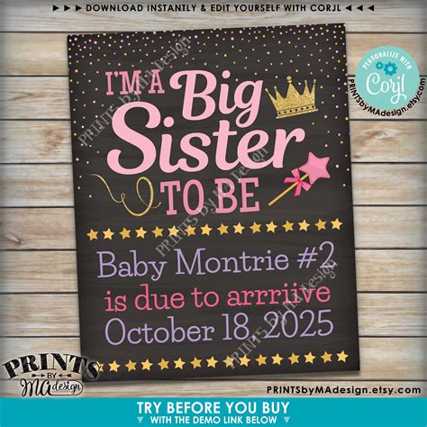I M A Big Sister To Be Pregnancy Announcement Sign Princess Themed Printable Chalkboard Style