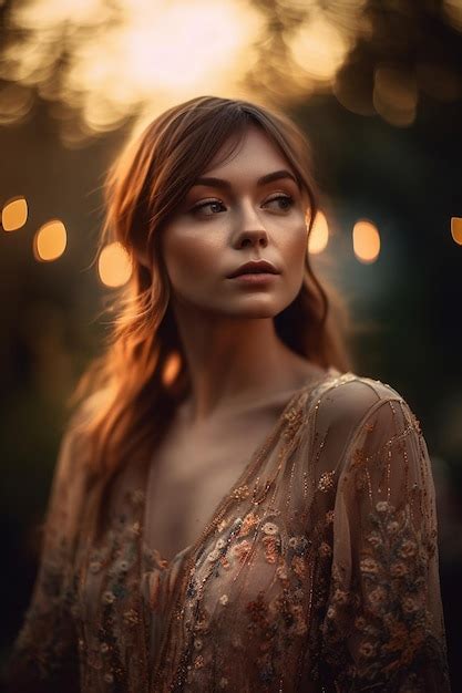 Premium Ai Image A Woman In A Dress With A Gold Flower Print