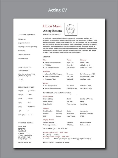 Acting CV example | Acting resume, Acting resume template, Resume examples