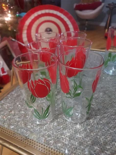 Lot Of 6 Vintage Or Antique Drinking Glasses Red Flower 14 99 Picclick