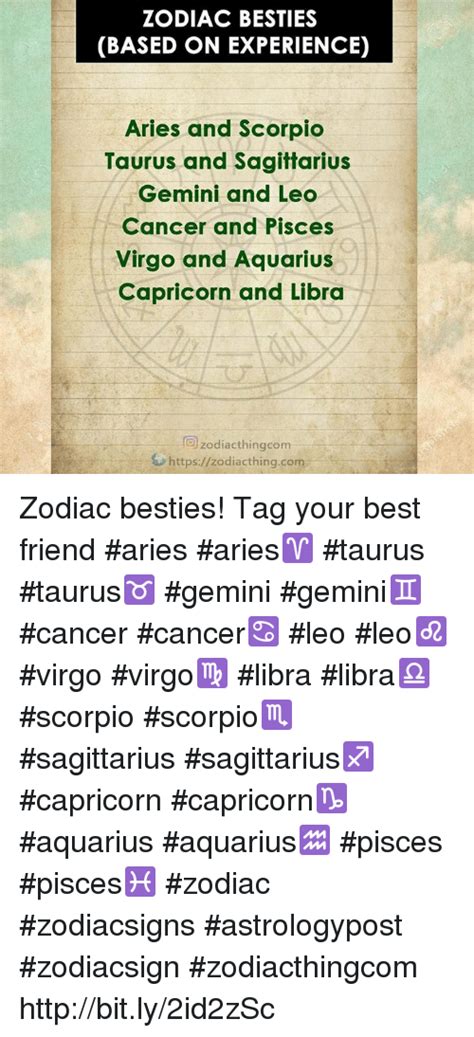 However, due to their widely different perspectives they have to cooperate well to make sure that their endeavours are successful. ZODIAC BESTIES BASED ON EXPERIENCE Aries and Scorpio ...