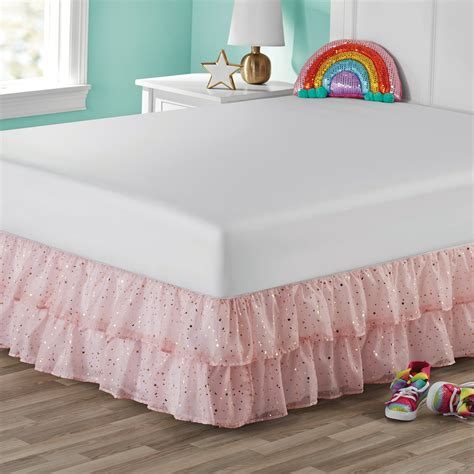 Your Zone Organza Two Tier Ruffle Bed Skirt Gold Metallic Printed Polar Pink Fullqueen