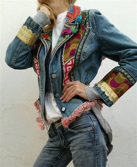 demin boho chic jacket patchwork vintage fabrics and ribbons ooak and handmade upcycle denim