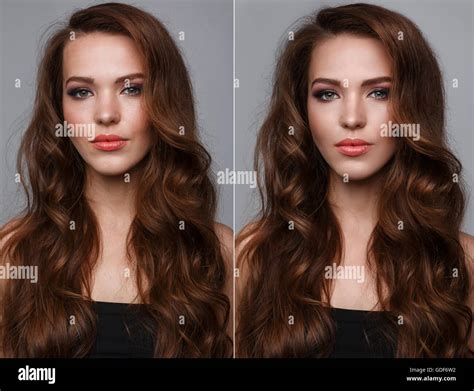 Female Face Portrait Before And After Retouch Beautiful Model With